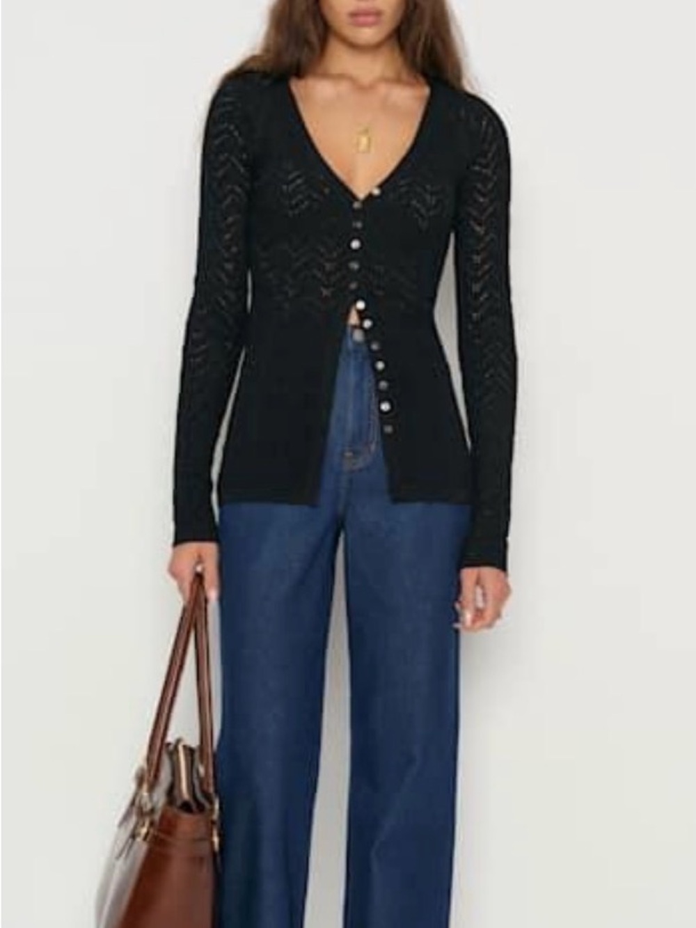 Reformation. Women's Black Sutton Regenerative Merino Open Knit Sweater